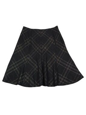 RALPH LAUREN Wool Blend Trumpet Hem Midi Skirt 12 Charcoal Silver Plaid Preppy